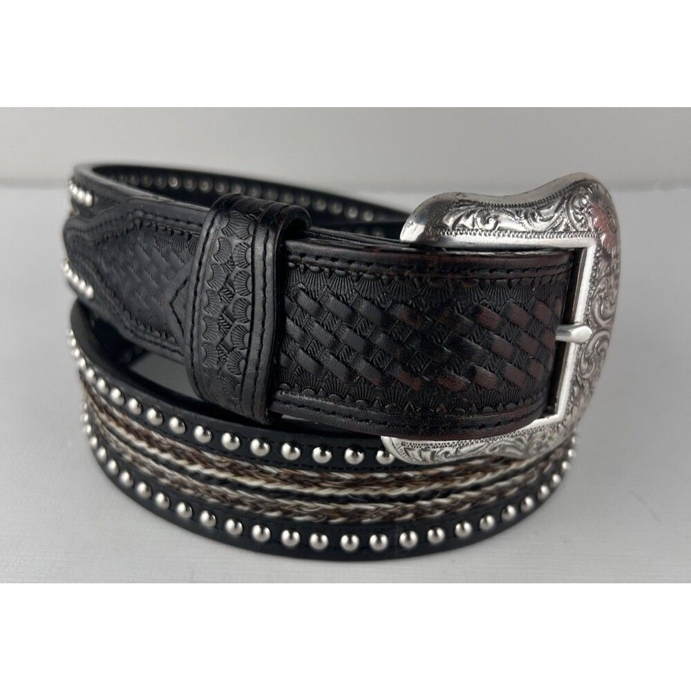 Nocona Men's Black Leather Studded and Handbraided Horsehair Belt Size 36